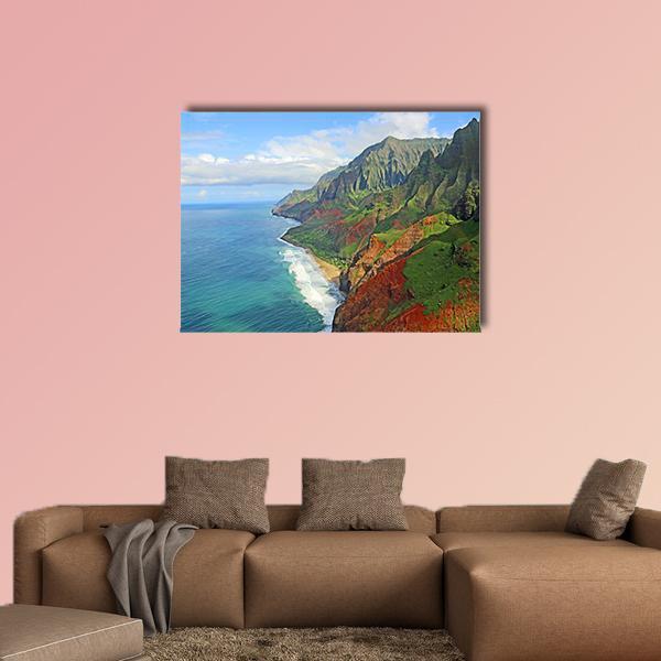 Na Pali Coast Aerial Cliffs and Ocean Canvas Wall Art in brown, green and blue, single panel hung on a wall