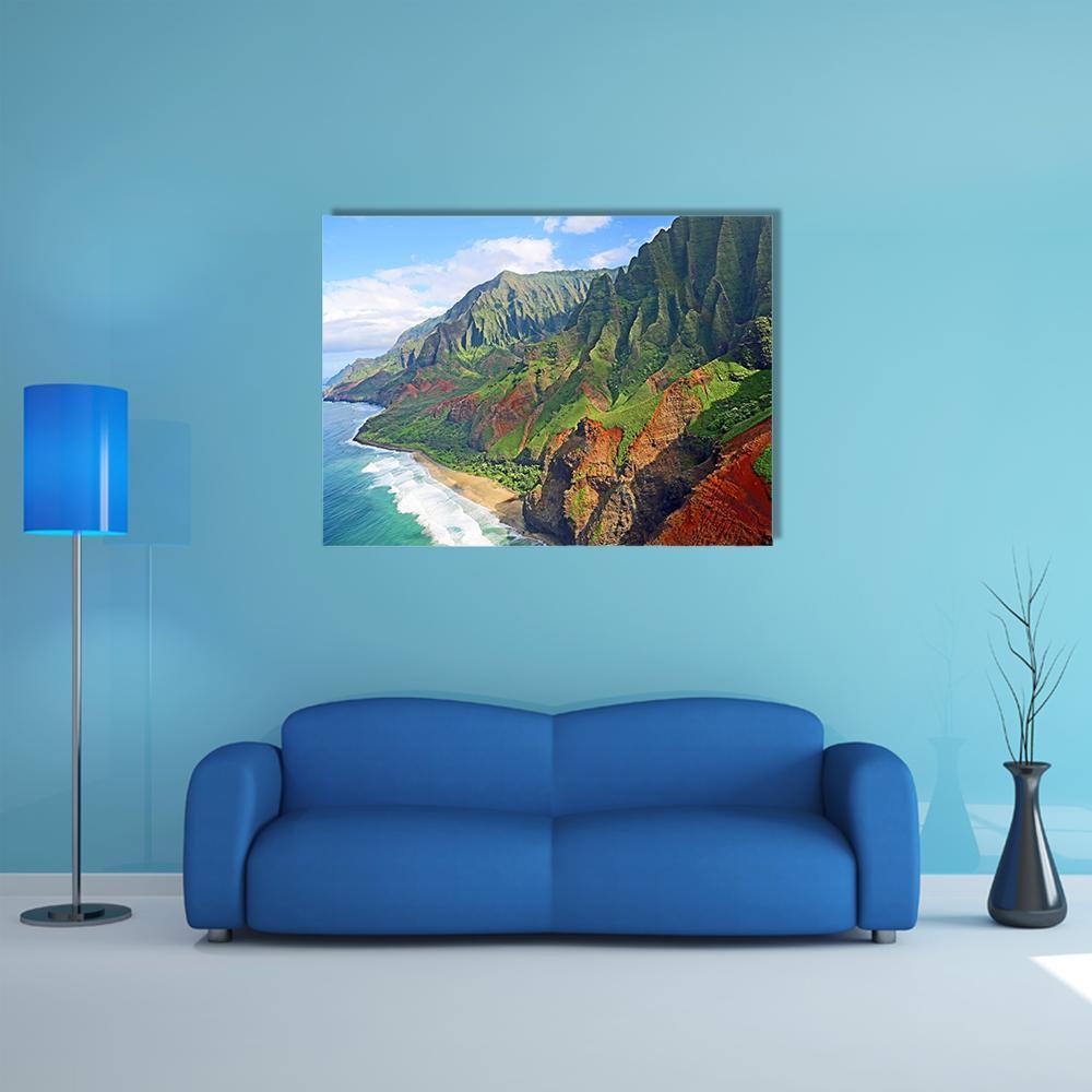 Na Pali Coast Cliffs, Hawaii Canvas Wall Art in brown, green and blue, single panel hung on a wall