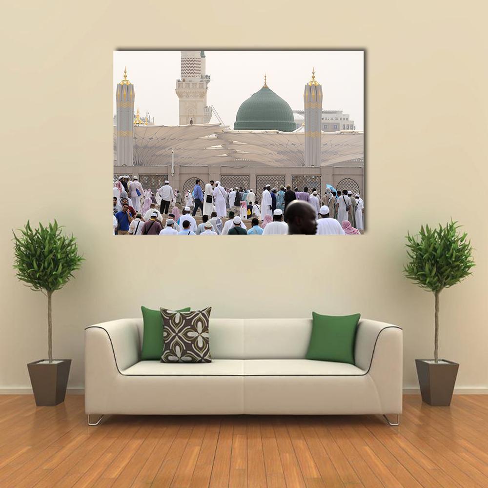 Al-masjid An-nabawi Green Dome Canvas Wall Art in white, gray and green, single panel hung on a wall