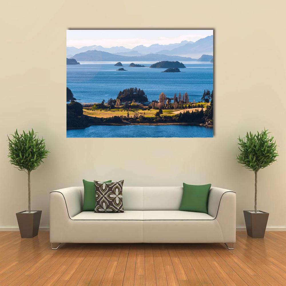 Nahuel Huapi Lake, Patagonia Canvas Wall Art in gray, green and blue, single panel hung on a wall