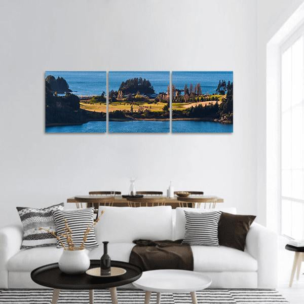 Nahuel Huapi Lake, Patagonia Panoramic Canvas Wall Art in brown, green and blue, hung on a wall