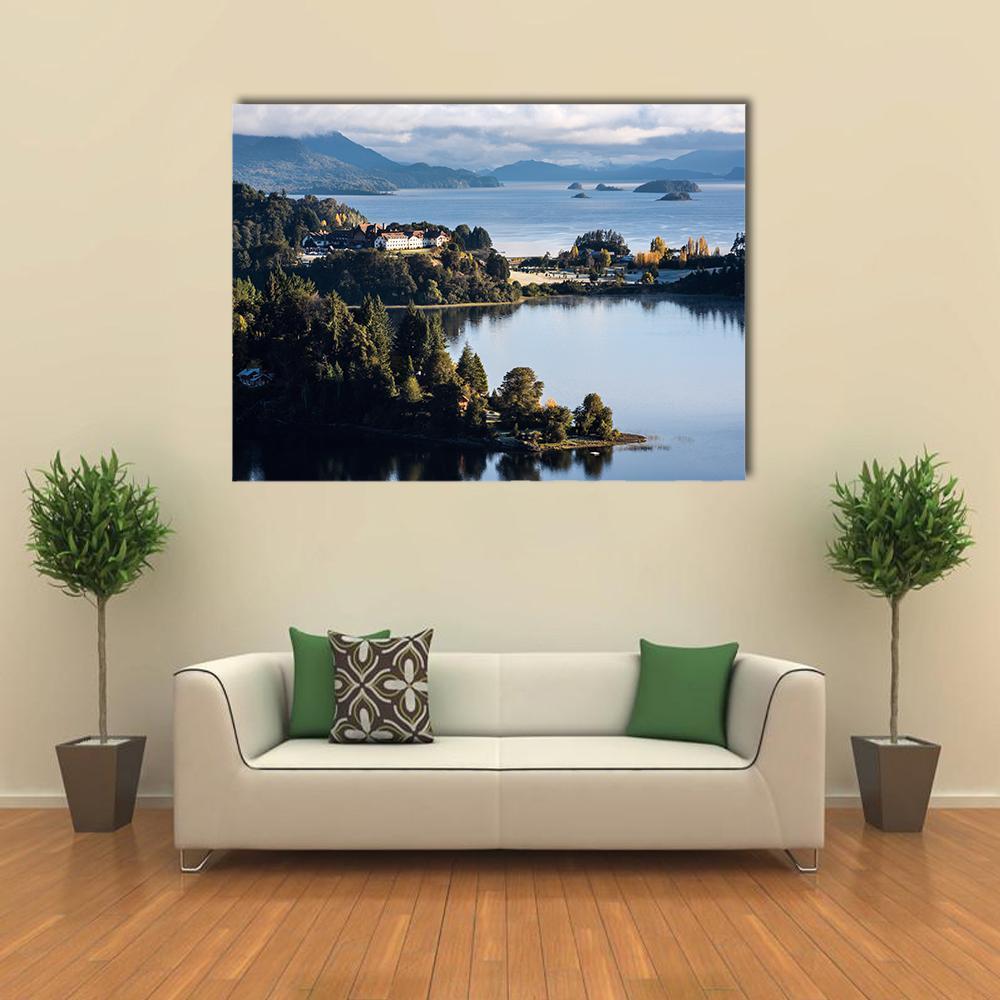 Nahuel Huapi Lake with Hillside Buildings Canvas Wall Art in gray, green and blue, single panel hung on a wall