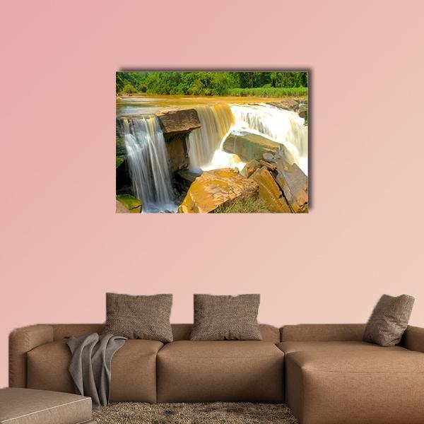 Namtok Kaeng Sopha Waterfall Canvas Wall Art in white, brown and green, single panel hung on a wall