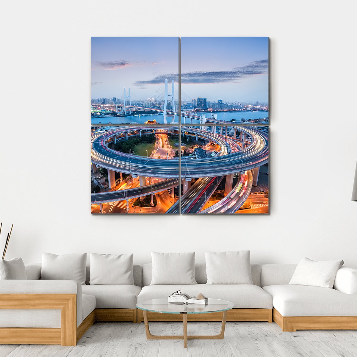 Nanpu Bridge At Dusk Canvas Wall Art-4 Square-Gallery Wrap-17&quot; x 17&quot;-Tiaracle