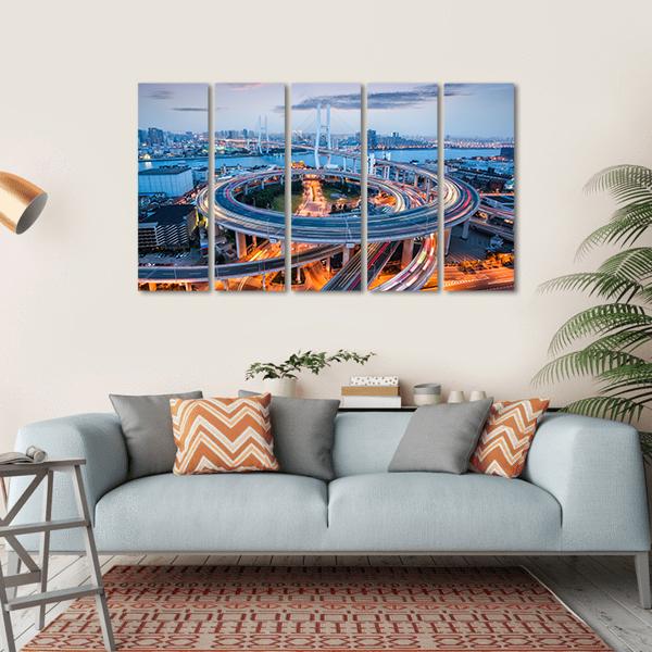 Nanpu Bridge At Dusk Canvas Wall Art-5 Horizontal-Gallery Wrap-22" x 12"-Tiaracle