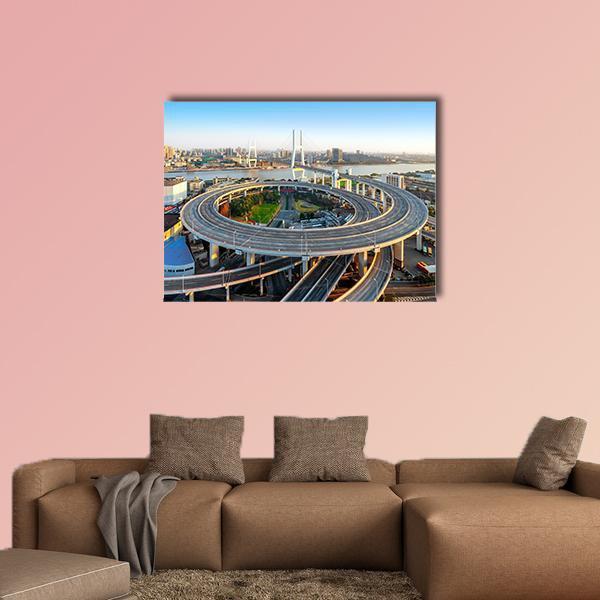 Nanpu Bridge Aerial Interchange View Canvas Wall Art in gray and blue, single panel hung on a wall