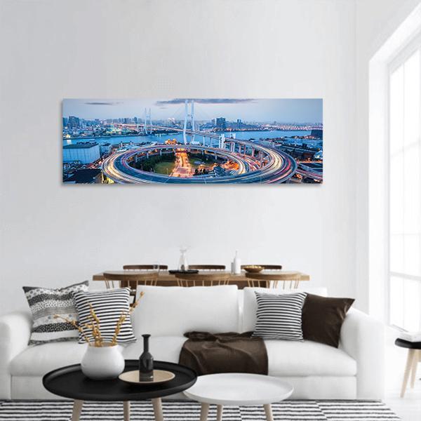 Nanpu Bridge At Dusk Panoramic Canvas Wall Art-1 Piece-36" x 12"-Tiaracle