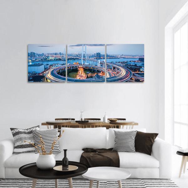 Nanpu Bridge at Dusk, Shanghai Panoramic Canvas Wall Art in gray, orange and blue, hung on a wall