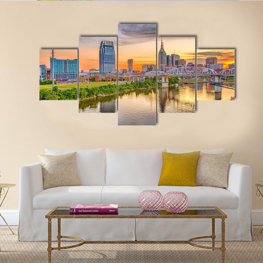 Nashville Downtown Skyline Canvas Wall Art-5 Star-Gallery Wrap-62" x 32"-Tiaracle