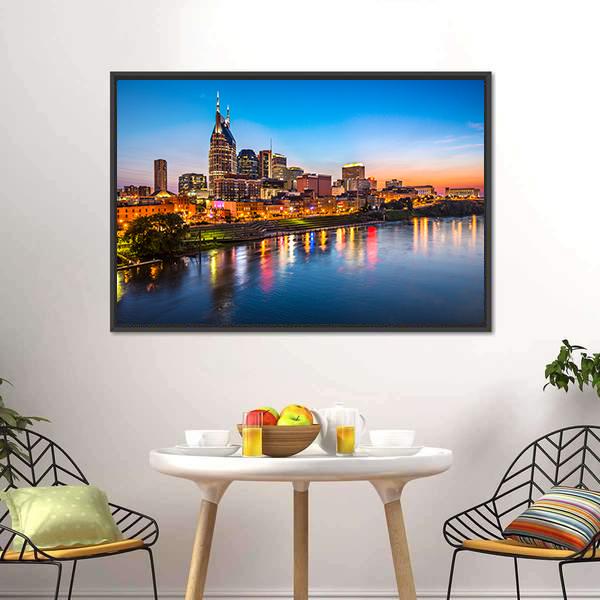 Nashville City Skyline at Sunset Canvas Wall Art in orange, yellow and blue, framed canvas, product view on a white background