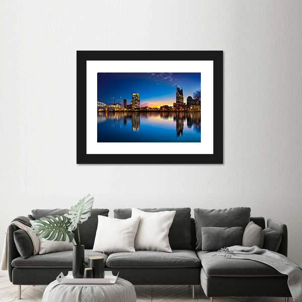 Nashville Skyline At Night Canvas Wall Art-1 Piece-Framed Print-20" x 16"-Tiaracle