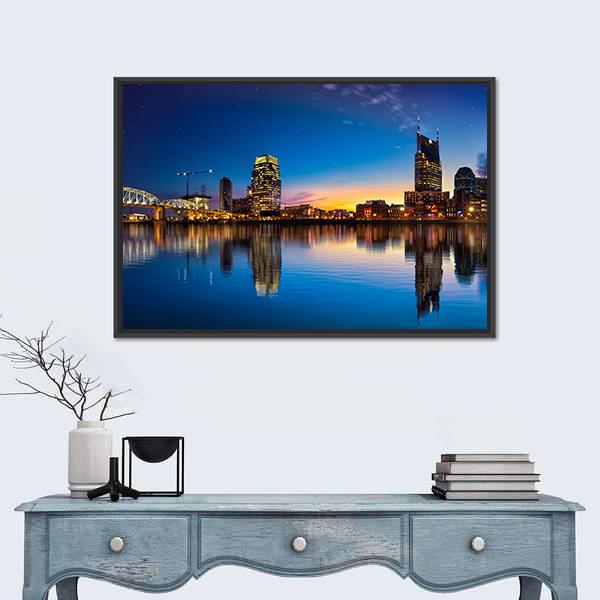 Nashville Skyline At Night Canvas Wall Art-5 Horizontal-Gallery Wrap-22" x 12"-Tiaracle