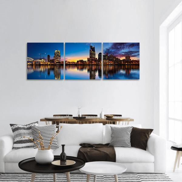 Nashville Skyline At Night Panoramic Canvas Wall Art-3 Piece-25" x 08"-Tiaracle