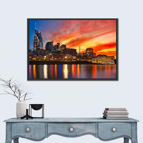 Nashville Skyline At Sunset Canvas Wall Art-1 Piece-Floating Frame-24" x 16"-Tiaracle