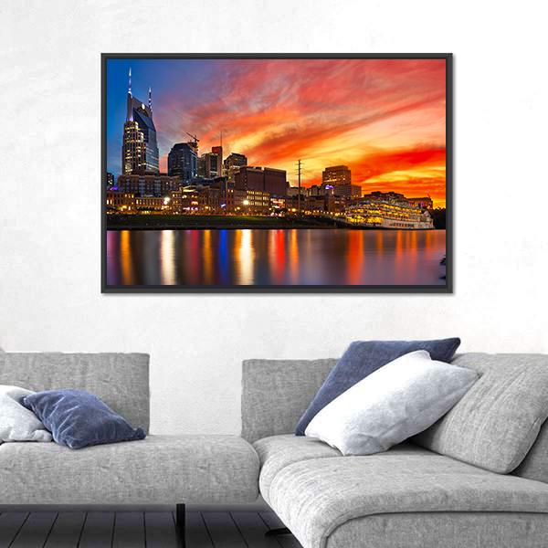 Nashville Skyline At Sunset Canvas Wall Art-3 Horizontal-Gallery Wrap-25" x 16"-Tiaracle