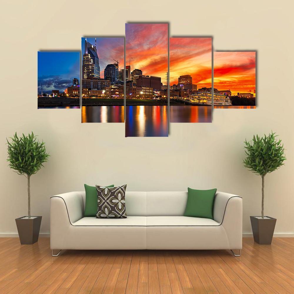 Nashville Skyline At Sunset Canvas Wall Art-5 Star-Gallery Wrap-62" x 32"-Tiaracle