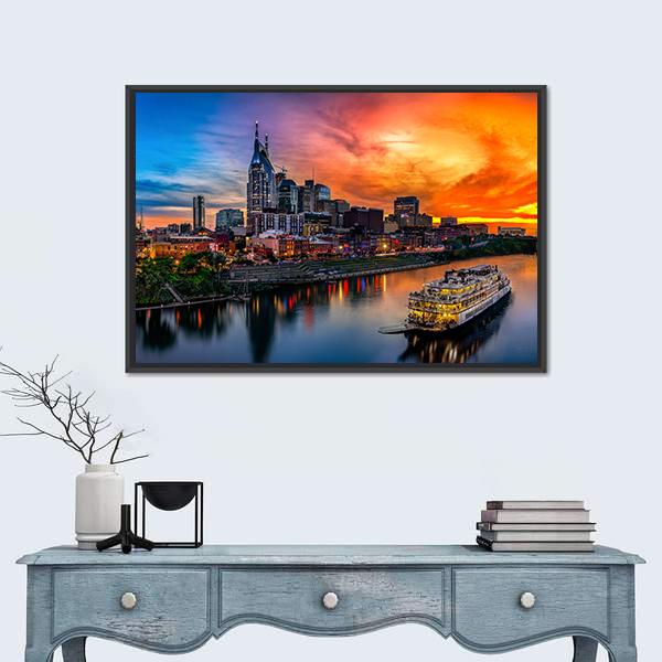 Nashville Skyline &amp; Sunset Canvas Wall Art-1 Piece-Floating Frame-24&quot; x 16&quot;-Tiaracle