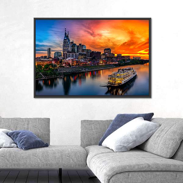 Nashville Skyline &amp; Sunset Panoramic Canvas Wall Art-1 Piece-36" x 12"-Tiaracle