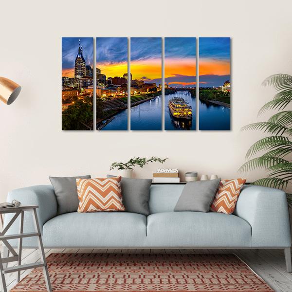 Nashville Skyline With Boat Canvas Wall Art-5 Horizontal-Gallery Wrap-22" x 12"-Tiaracle