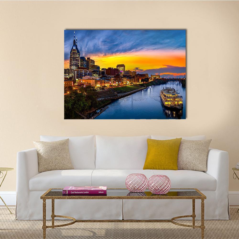Nashville Skyline With Boat Canvas Wall Art-1 Piece-Gallery Wrap-48" x 32"-Tiaracle