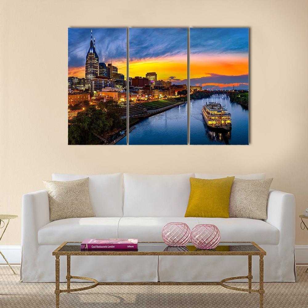 Nashville Skyline With Boat Canvas Wall Art-3 Horizontal-Gallery Wrap-37" x 24"-Tiaracle