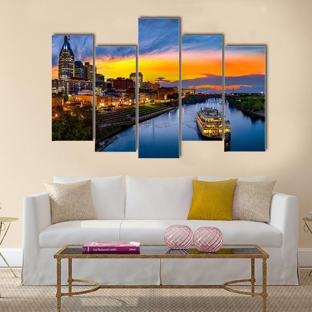 Nashville Skyline With Boat Canvas Wall Art-5 Pop-Gallery Wrap-47" x 32"-Tiaracle