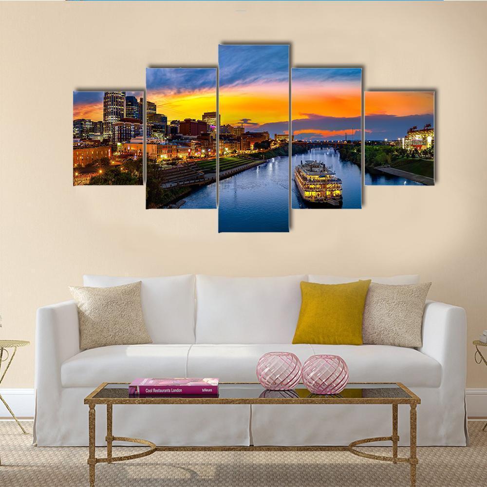 Nashville Skyline With Boat Canvas Wall Art-5 Star-Gallery Wrap-62" x 32"-Tiaracle