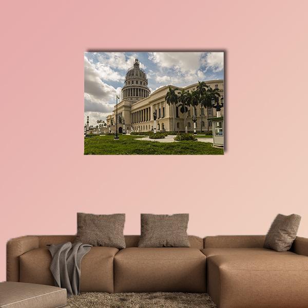 Capitol Dome with Palm Trees Canvas Wall Art in beige, green and blue, single panel hung on a wall