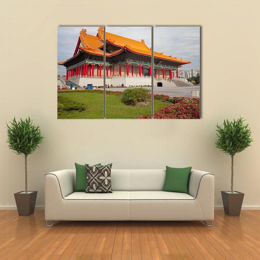 National Theater in Taipei Canvas Wall Art in red, orange and green, 3 panel horizontal set hung on a wall