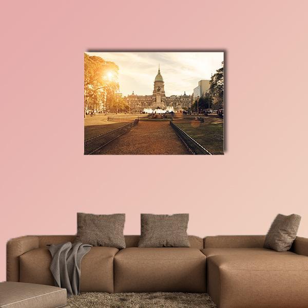 Buenos Aires National Congress at Golden Hour Canvas Wall Art in brown, gold and yellow, single panel hung on a wall