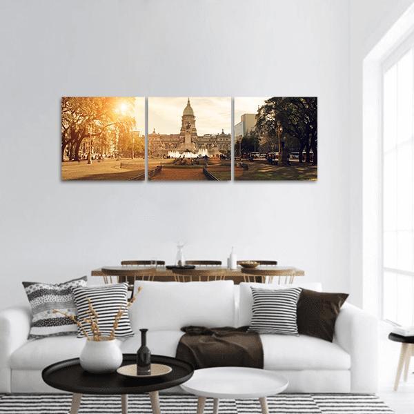 Buenos Aires National Congress at Golden Hour Panoramic Canvas Wall Art in brown, gold and yellow, hung on a wall