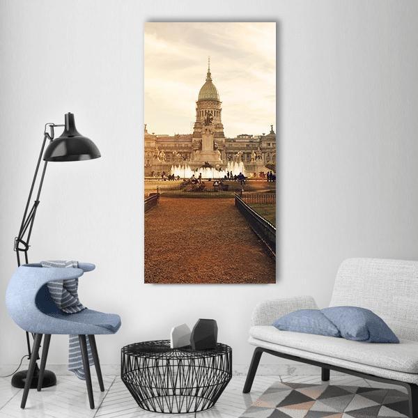 Buenos Aires National Congress Plaza in Sepia Vertical Canvas Wall Art in beige and brown, single vertical panel hung on a wall