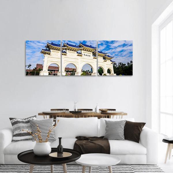 Taiwan National Democracy Memorial Hall Ceremonial Archway Panoramic Canvas Wall Art in white and blue, hung on a wall