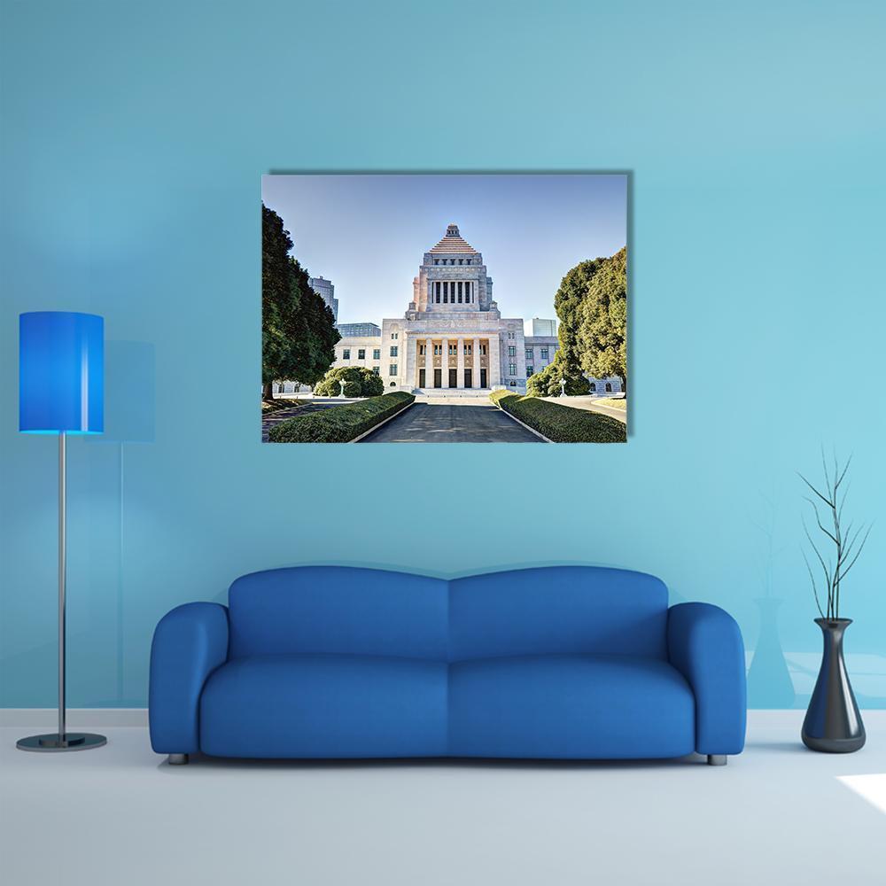 National Diet House, Japan Canvas Wall Art in gray, green and blue, single panel hung on a wall