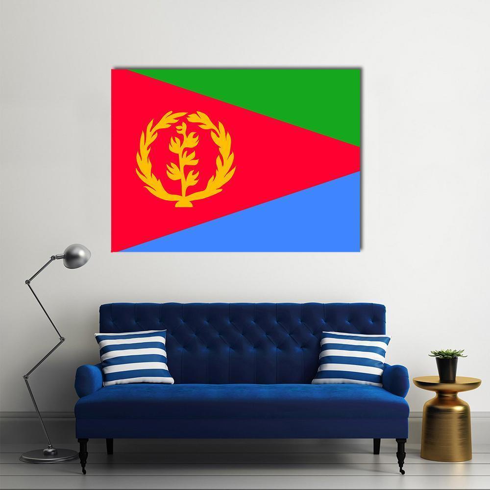 Eritrea Flag with Olive Branch Wreath Canvas Wall Art in red, green and blue, single panel hung on a wall