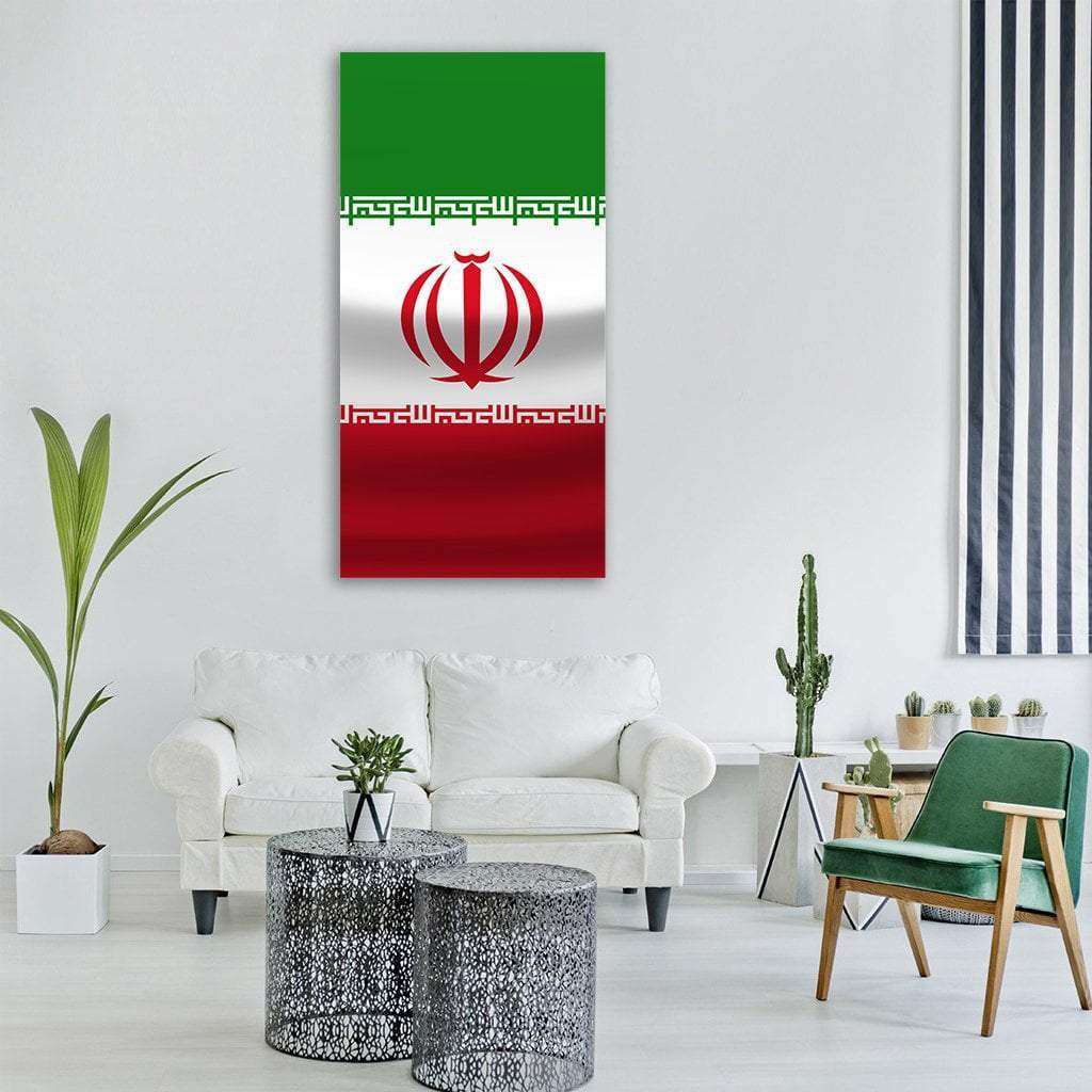 Iranian Flag with Central Emblem and Kufic Script Vertical Canvas Wall Art in white, red and green, single vertical panel hung on a wall