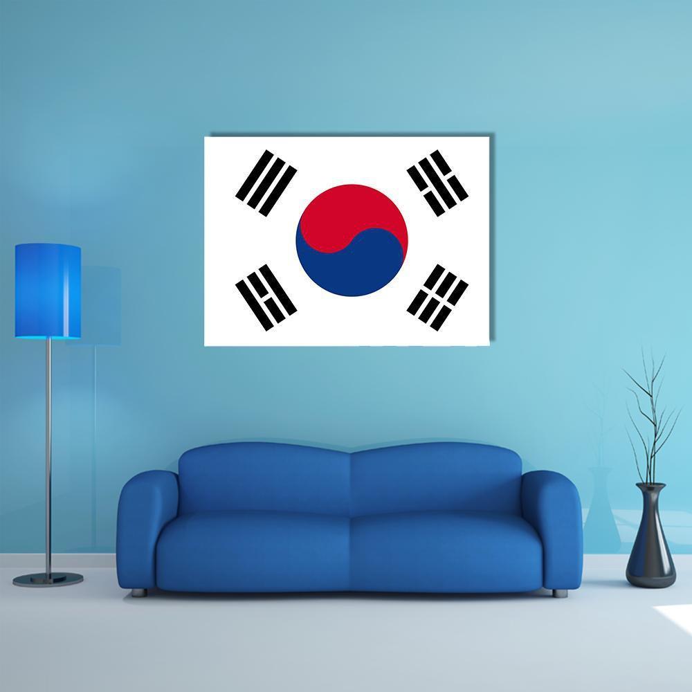 South Korea Flag with Taeguk and Trigrams Canvas Wall Art in white, red and blue, single panel hung on a wall