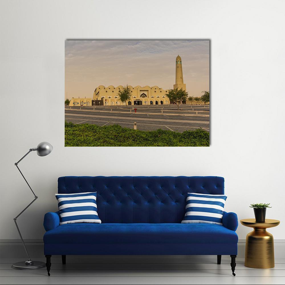 National Mosque in Doha Canvas Wall Art in gray, beige and green, single panel hung on a wall
