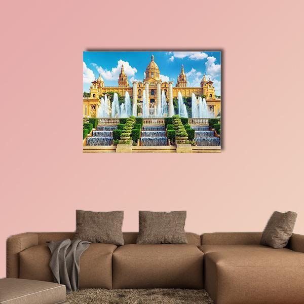 National Museum of Catalonia Canvas Wall Art in beige, yellow and blue, single panel hung on a wall