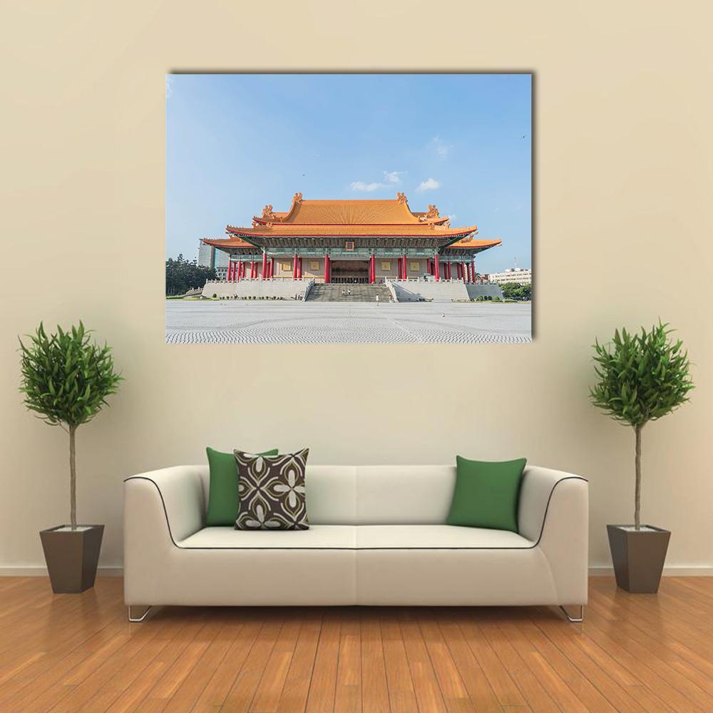 National Music Hall of Taiwan Canvas Wall Art in white, orange and blue, single panel hung on a wall