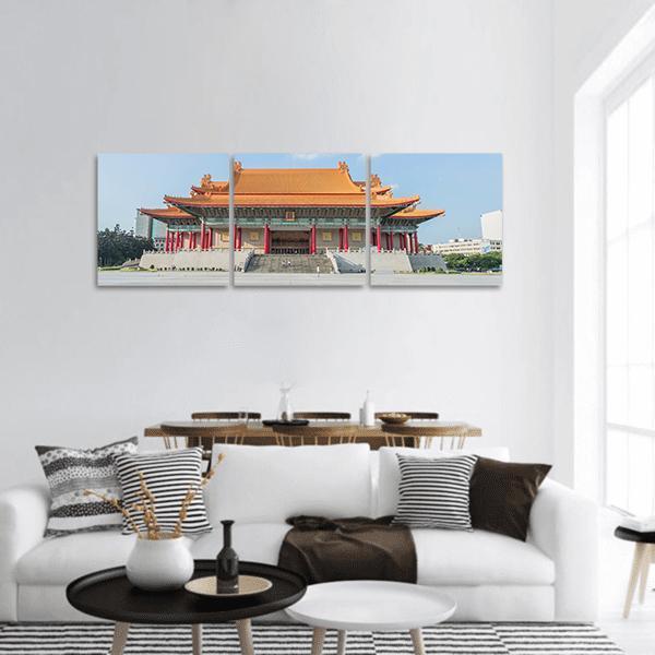 Taiwan National Music Hall Panoramic Canvas Wall Art in gray, orange and blue, hung on a wall