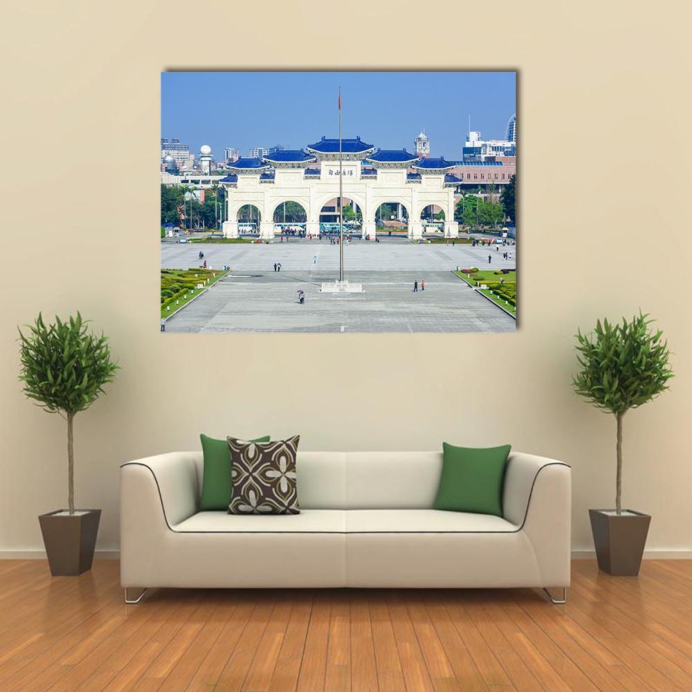 Democracy Memorial Hall in Taipei Canvas Wall Art in white, gray and blue, single panel hung on a wall