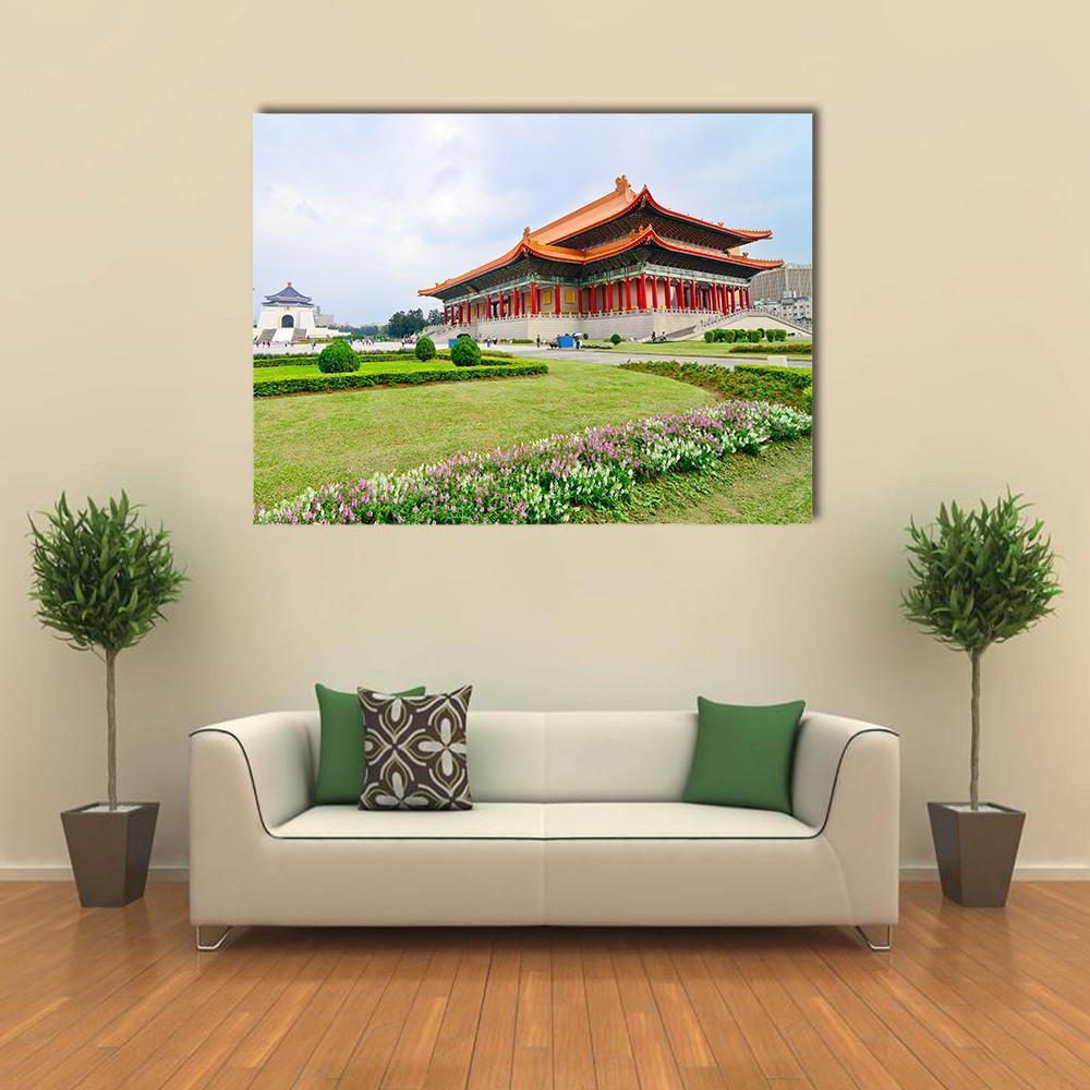 Majestic National Theater of Taiwan Canvas Wall Art in orange, green and blue, single panel hung on a wall