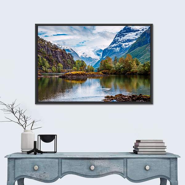 Norwegian Lake with Snow-capped Mountains Canvas Wall Art in white, green and blue, framed canvas, product view on a white background