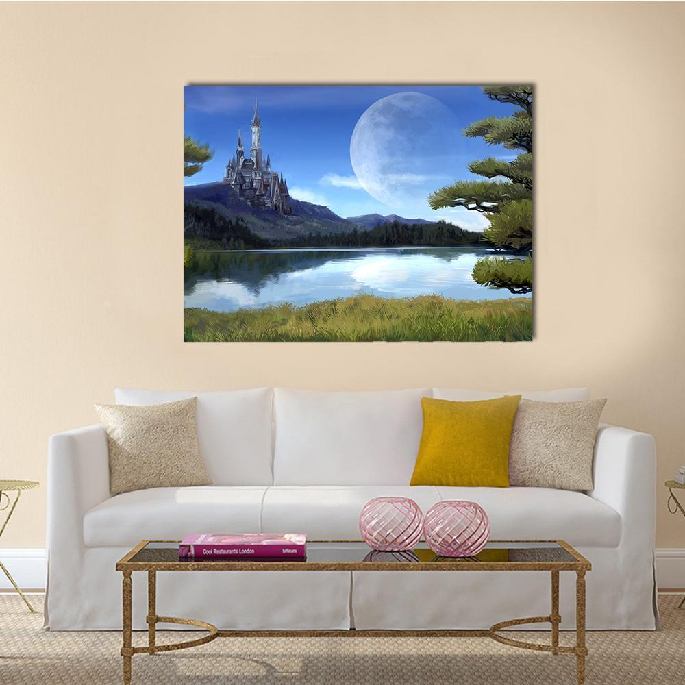 Moonlit Castle Over Lake Canvas Wall Art in green and blue, single panel hung on a wall