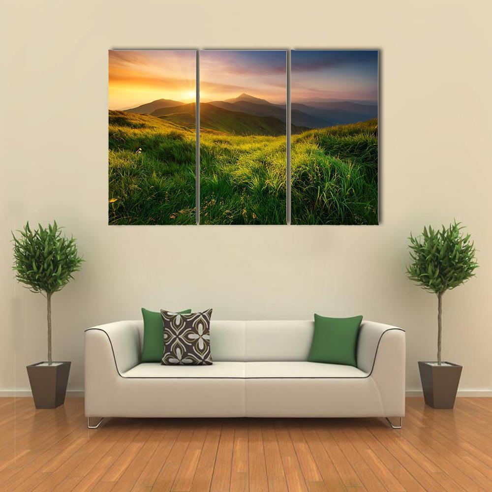Mountain Valley During Sunrise Canvas Wall Art-3 Horizontal-Gallery Wrap-37" x 24"-Tiaracle