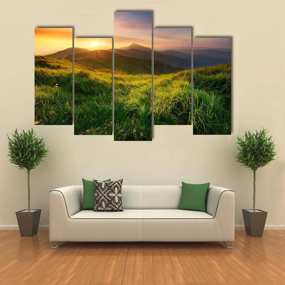 Mountain Valley During Sunrise Canvas Wall Art-5 Pop-Gallery Wrap-47" x 32"-Tiaracle
