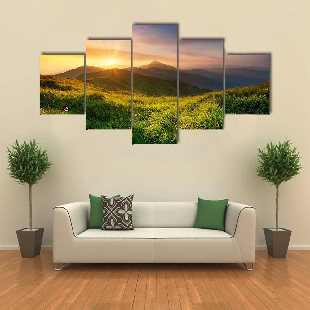 Mountain Valley During Sunrise Canvas Wall Art-5 Star-Gallery Wrap-62" x 32"-Tiaracle