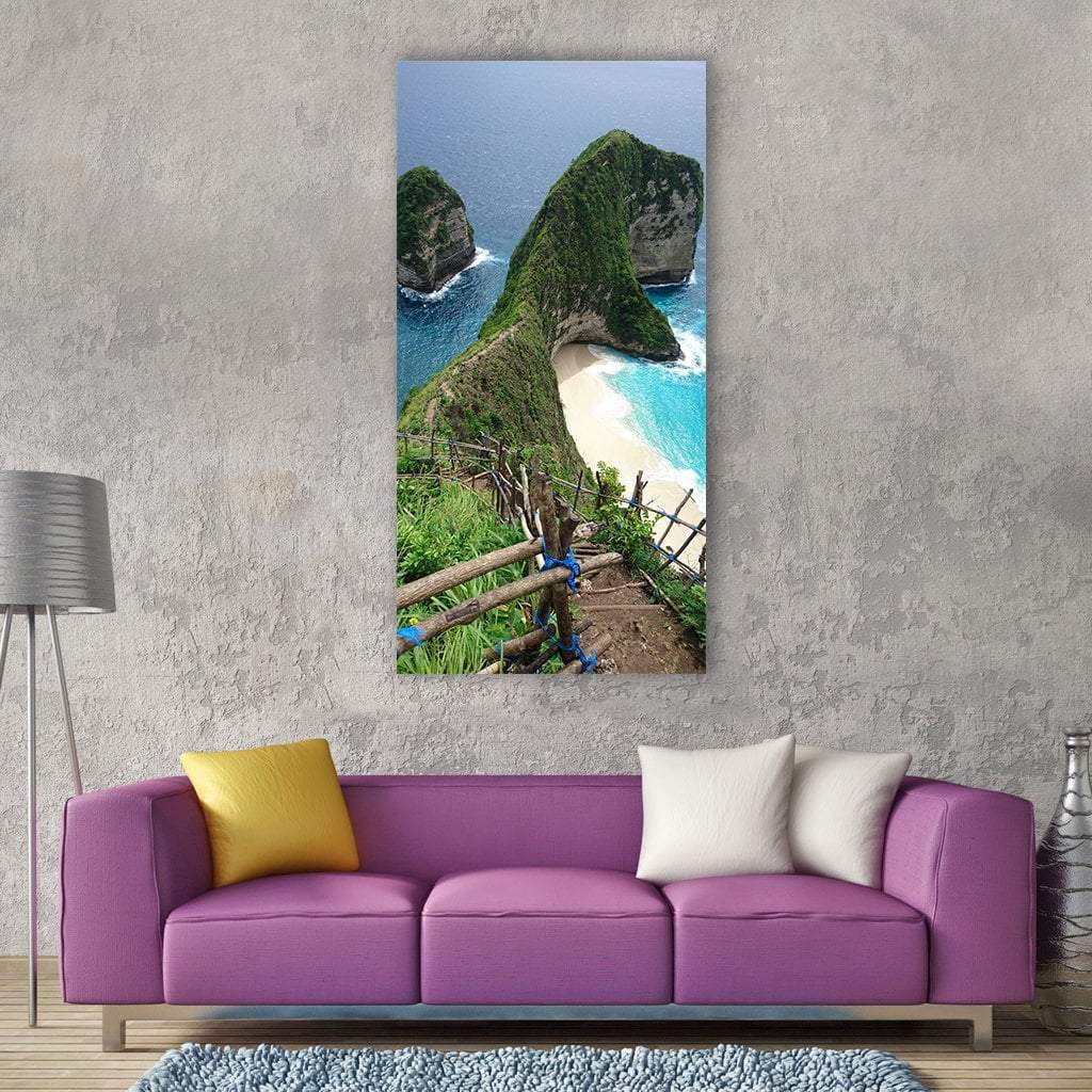 Tropical Rocky Beach with Winding Path Vertical Canvas Wall Art in green and blue, single vertical panel hung on a wall