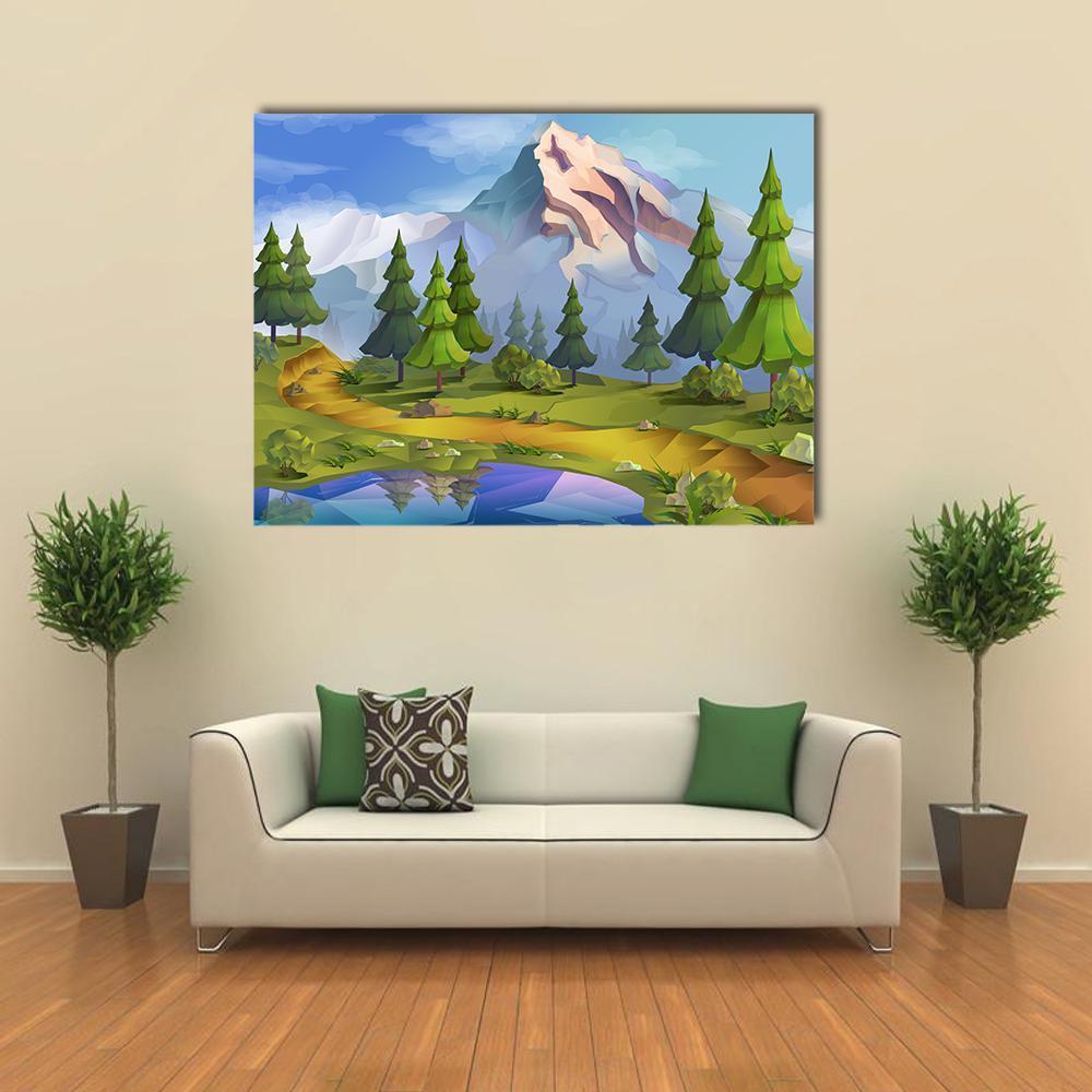 Geometric Mountain Lake with Forest Path Canvas Wall Art in gray, green and blue, single panel hung on a wall